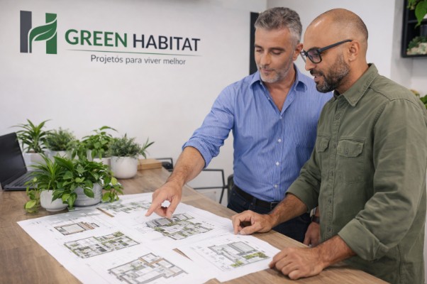 Profissionais da Green Habitat analisando projetos no escritório virtual
